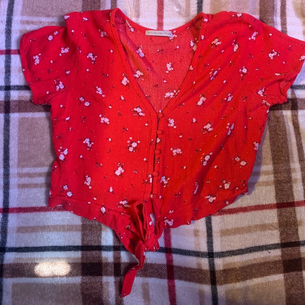 Button up red shirt with flowers